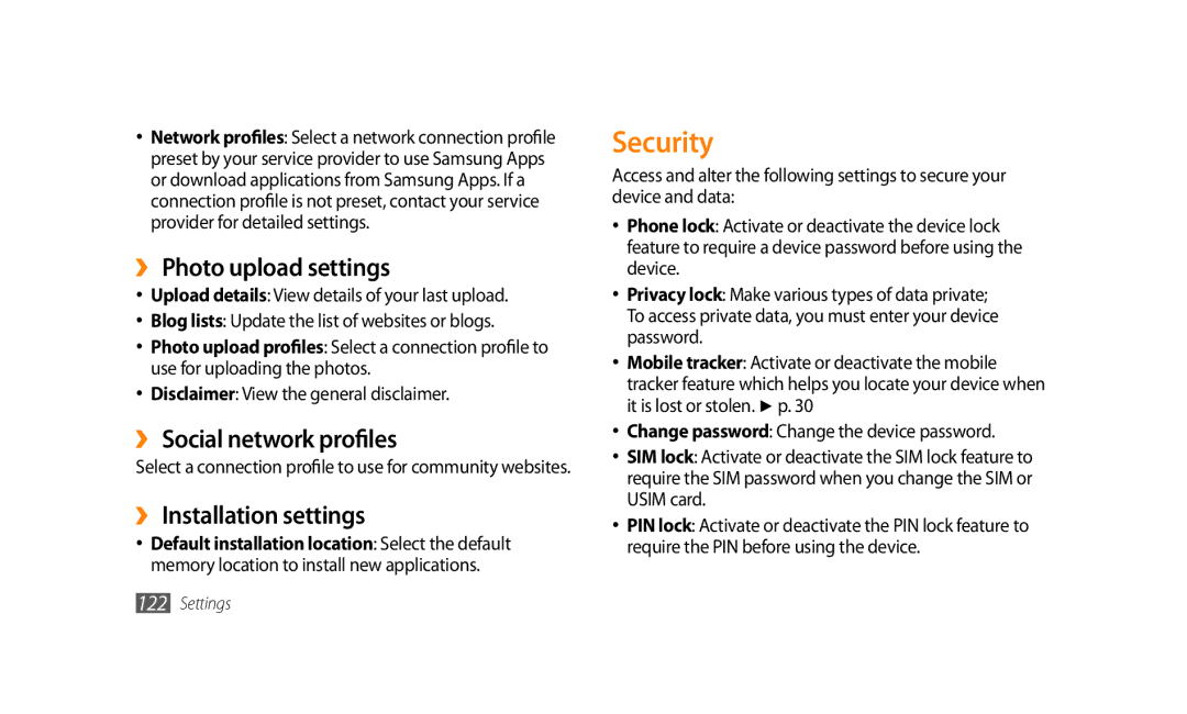 Samsung GT-S8500BANXSG manual Security, ›› Photo upload settings, ›› Social network profiles, ›› Installation settings 