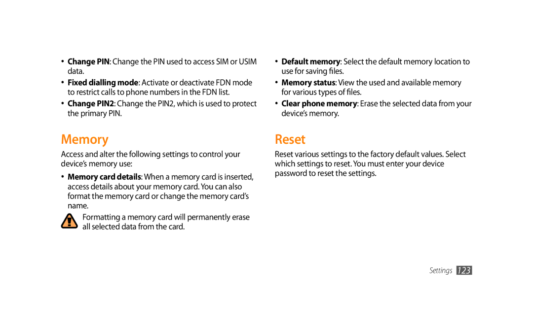 Samsung GT-S8500GAAJED, GT-S8500BAATUR manual Memory, Reset, Change PIN Change the PIN used to access SIM or Usim data 