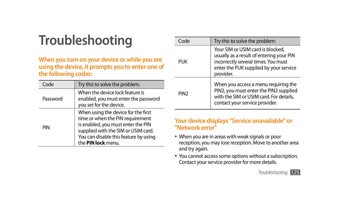 Samsung GT-S8500LRAJED, GT-S8500BAATUR manual Troubleshooting, Your device displays Service unavailable or Network error 