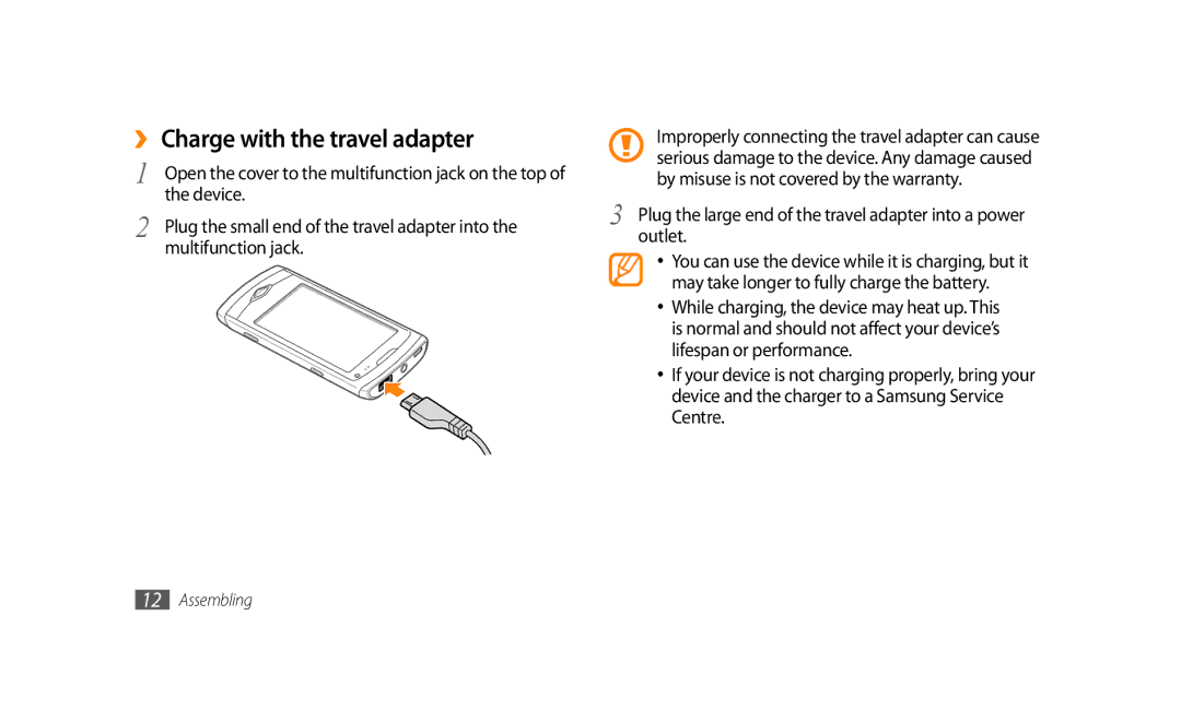 Samsung GT-S8500BAATHR, GT-S8500BAATUR manual ›› Charge with the travel adapter, Device, Multifunction jack, Outlet 