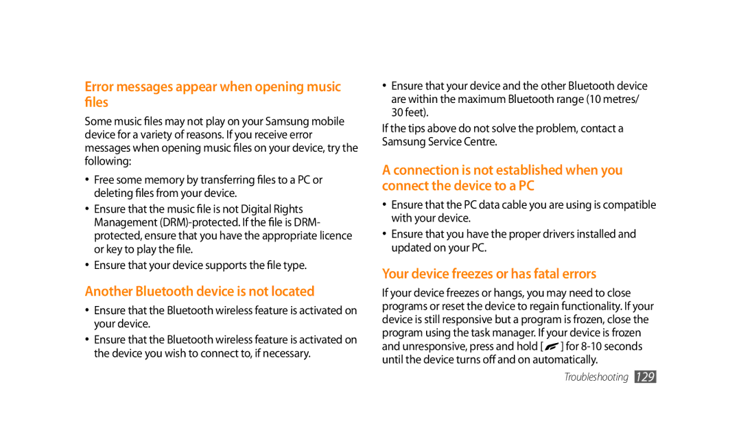 Samsung GT-S8500ISAKSA manual Error messages appear when opening music files, Another Bluetooth device is not located 