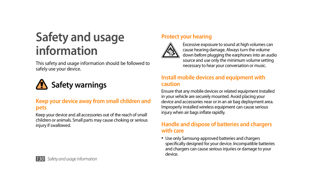 Samsung GT-S8500HKAXEV, GT-S8500BAATUR manual Keep your device away from small children and pets, Protect your hearing 