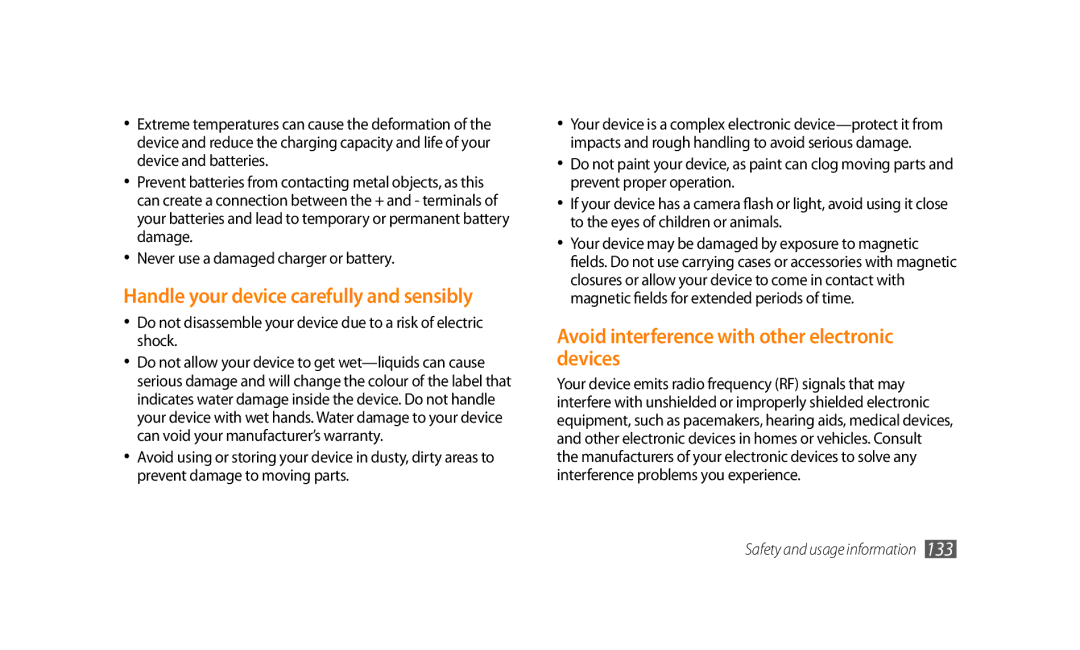 Samsung GT-S8500HKAXXV manual Handle your device carefully and sensibly, Avoid interference with other electronic devices 