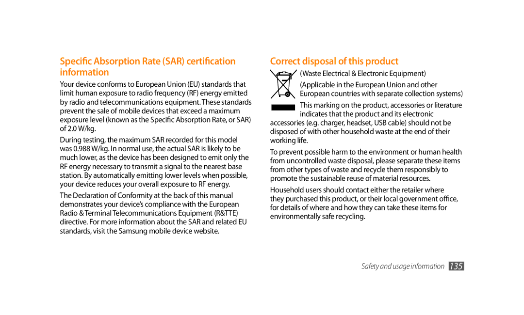 Samsung GT-S8500BAAXXV manual Specific Absorption Rate SAR certification information, Correct disposal of this product 