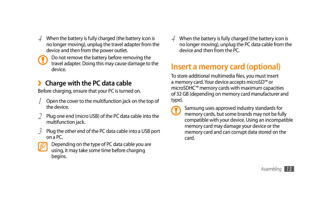 Samsung GT-S8500GAAKSA, GT-S8500BAATUR manual Insert a memory card optional, ›› Charge with the PC data cable, On a PC 