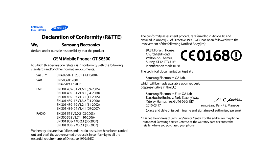 Samsung GT-S8500HKNXSG, GT-S8500BAATUR, GT-S8500HKJECT manual Declaration of Conformity R&TTE, GSM Mobile Phone GT-S8500 