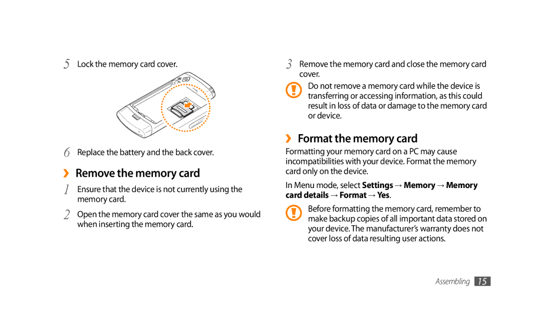 Samsung GT-S8500BAAECT ›› Remove the memory card, ›› Format the memory card, Memory card, When inserting the memory card 