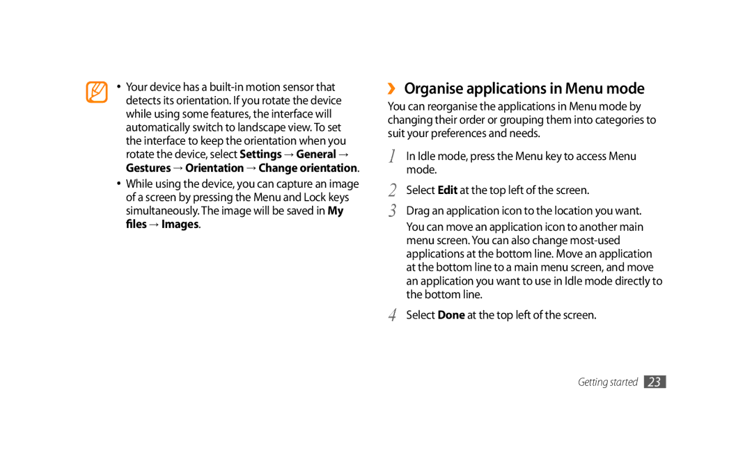 Samsung GT-S8500BAAABS ›› Organise applications in Menu mode, Mode, Select Edit at the top left of the screen, Bottom line 