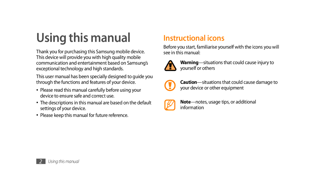 Samsung GT-S8500BAAKSA, GT-S8500BAATUR, GT-S8500HKJECT, GT-S8500HKNXSG, GT-S8500BAJECT Using this manual, Instructional icons 