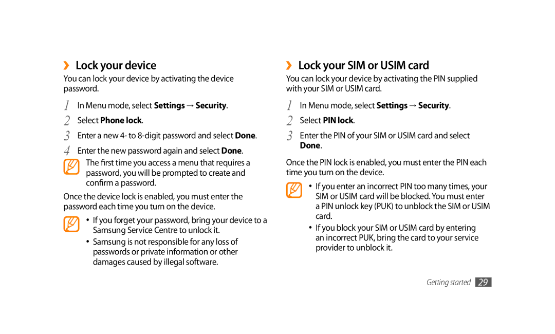 Samsung GT-S8500LRAJED, GT-S8500BAATUR manual ›› Lock your device, ›› Lock your SIM or Usim card, Select Phone lock, Done 