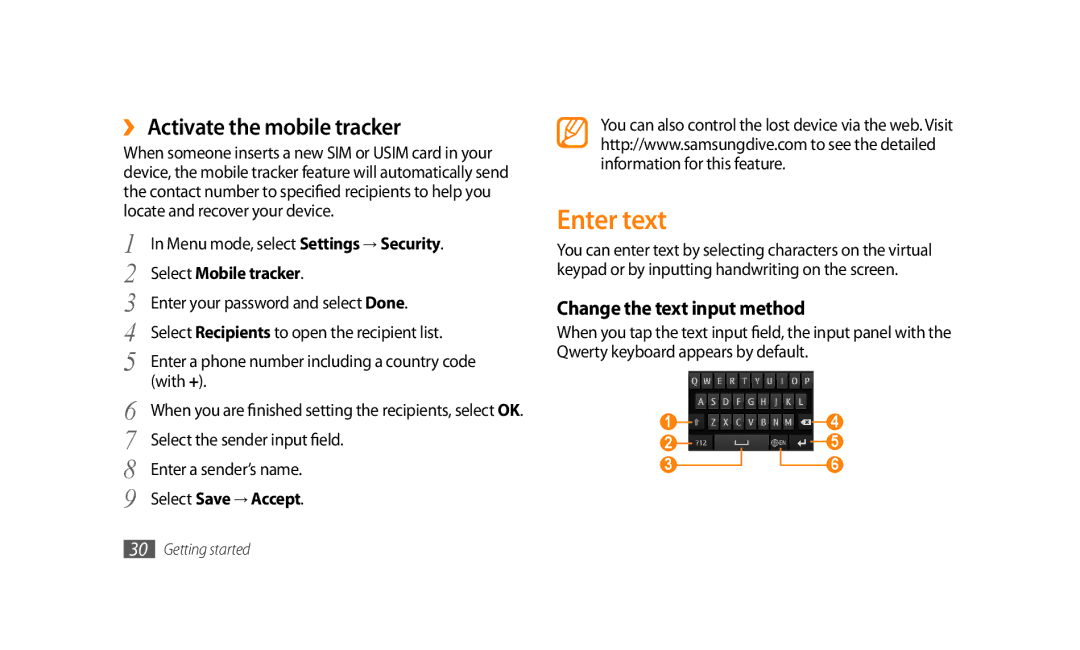 Samsung GT-S8500BAAXSG Enter text, ›› Activate the mobile tracker, Change the text input method, Select Mobile tracker 