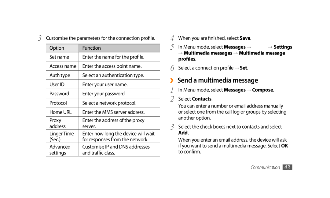 Samsung SWG-S8500HKPTR, GT-S8500BAATUR manual ›› Send a multimedia message, Profiles Select a connection profile → Set, Add 