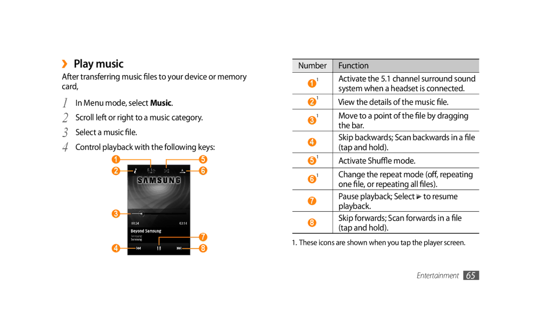 Samsung GT-S8500ISAJED manual ›› Play music, View the details of the music file, Bar, One file, or repeating all files 