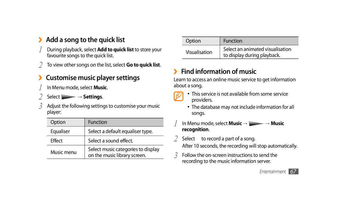 Samsung GT-S8500GAAXSG ›› Add a song to the quick list, ›› Customise music player settings, ›› Find information of music 