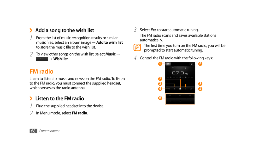Samsung GT-S8500HKAEGY, GT-S8500BAATUR manual ›› Add a song to the wish list, ›› Listen to the FM radio, → Wish list 