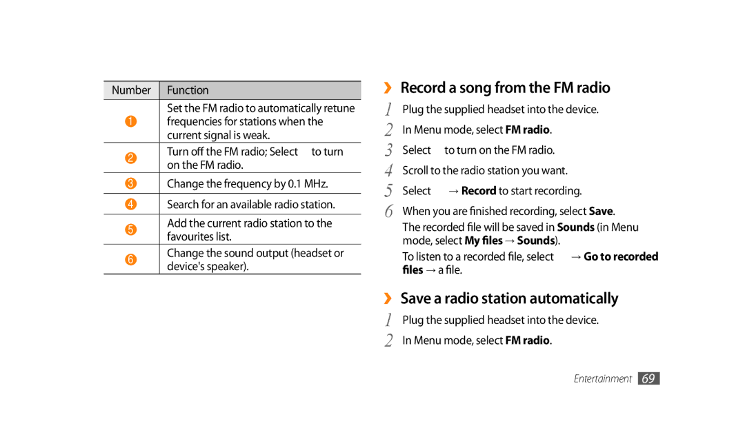 Samsung GT-S8500HKAXSG, GT-S8500BAATUR manual ›› Record a song from the FM radio, ›› Save a radio station automatically 