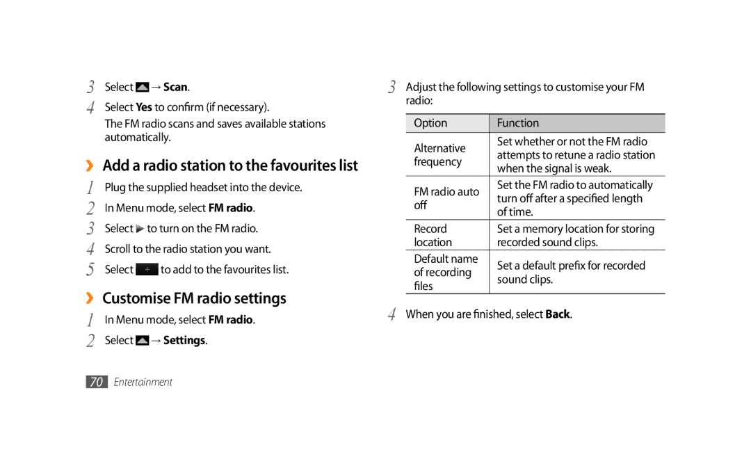 Samsung GT-S8500BAAEGY, GT-S8500BAATUR, GT-S8500HKJECT, GT-S8500HKNXSG, GT-S8500BAAKSA manual ›› Customise FM radio settings 