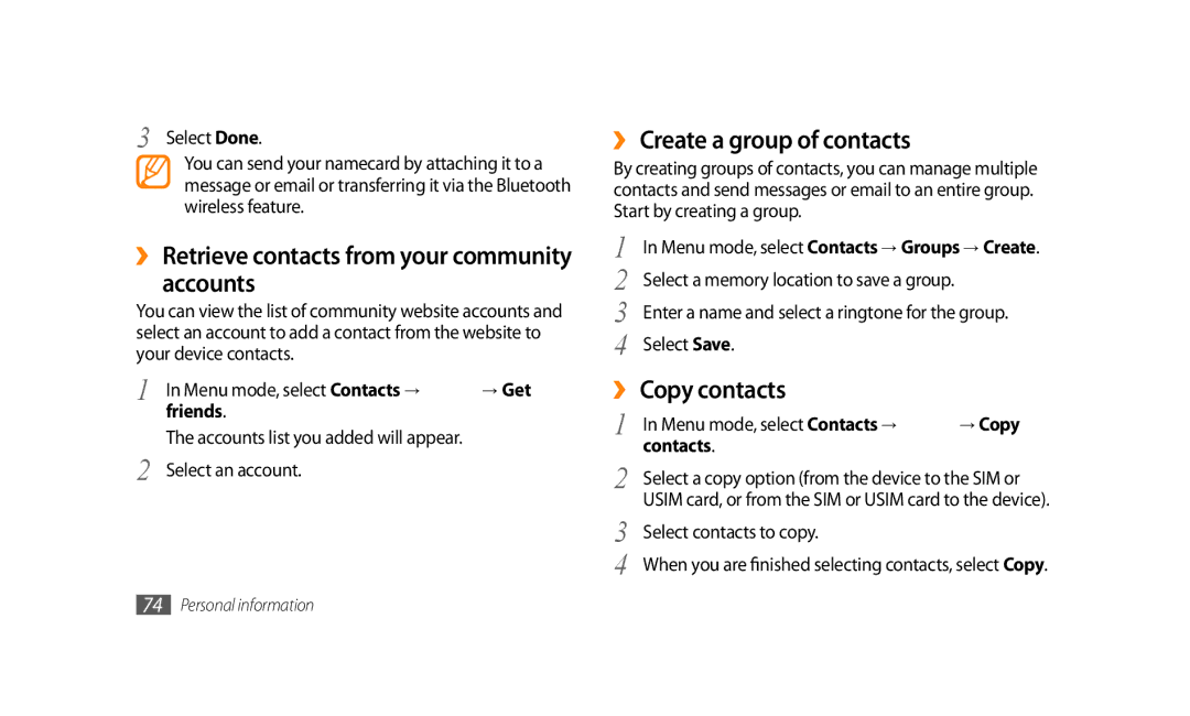 Samsung GT-S8500BANXSG, GT-S8500BAATUR, GT-S8500HKJECT manual Accounts, ›› Create a group of contacts, ›› Copy contacts 