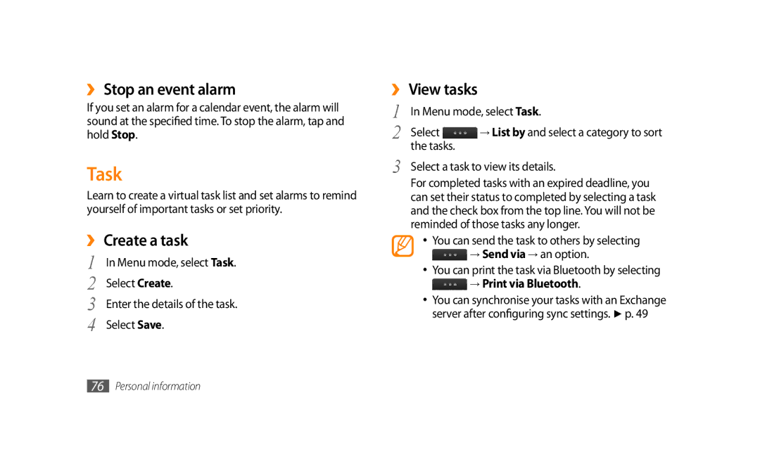 Samsung GT-S8500HKAJED, GT-S8500BAATUR, GT-S8500HKJECT manual Task, ›› Stop an event alarm, ›› Create a task, ›› View tasks 