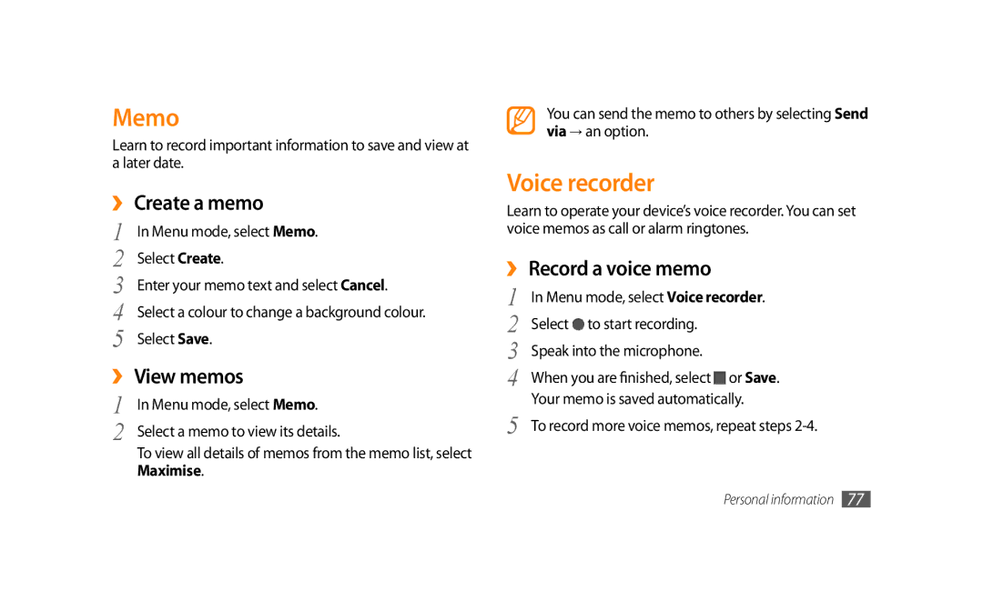 Samsung GT-S8500LRAJED, GT-S8500BAATUR manual Memo, Voice recorder, ›› Create a memo, ›› View memos, ›› Record a voice memo 