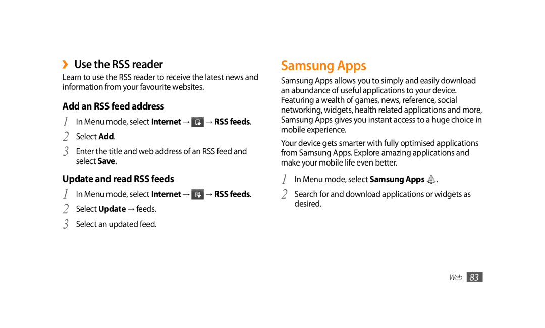 Samsung GT-S8500ISAXEV manual Samsung Apps, ›› Use the RSS reader, Add an RSS feed address, Update and read RSS feeds 