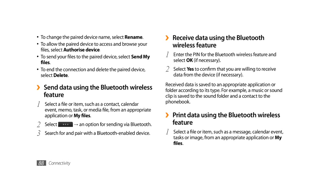 Samsung GT-S8500PDAXEV, GT-S8500BAATUR, GT-S8500HKJECT manual ›› Send data using the Bluetooth wireless feature, Files 