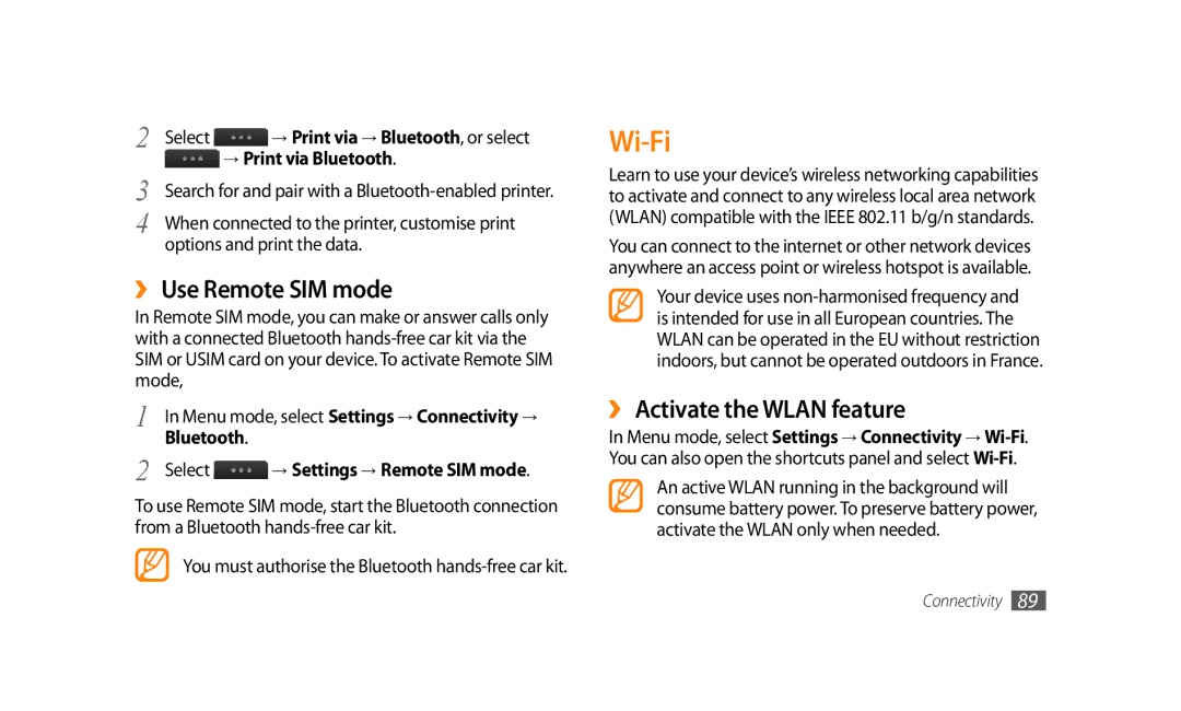 Samsung SWG-S8500BACEL manual Wi-Fi, ›› Use Remote SIM mode, ›› Activate the Wlan feature, Options and print the data 