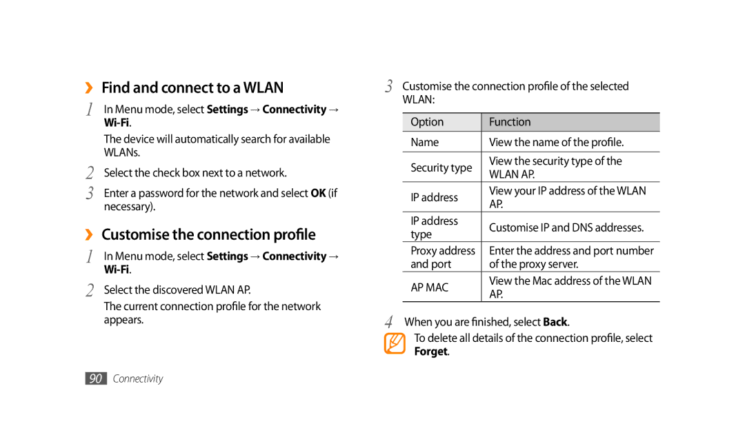 Samsung GT-S8500HKAPTR, GT-S8500BAATUR ›› Find and connect to a Wlan, ›› Customise the connection profile, Wi-Fi, Forget 