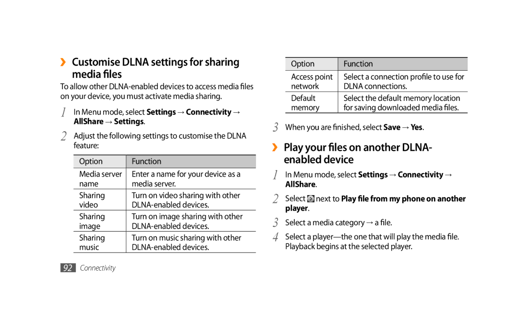 Samsung GT-S8500BAACEL, GT-S8500BAATUR ›› Customise Dlna settings for sharing Media files, AllShare → Settings, Player 