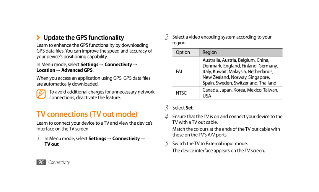 Samsung GT-S8500HKJECT, GT-S8500BAATUR, GT-S8500HKNXSG manual TV connections TV out mode, ›› Update the GPS functionality 