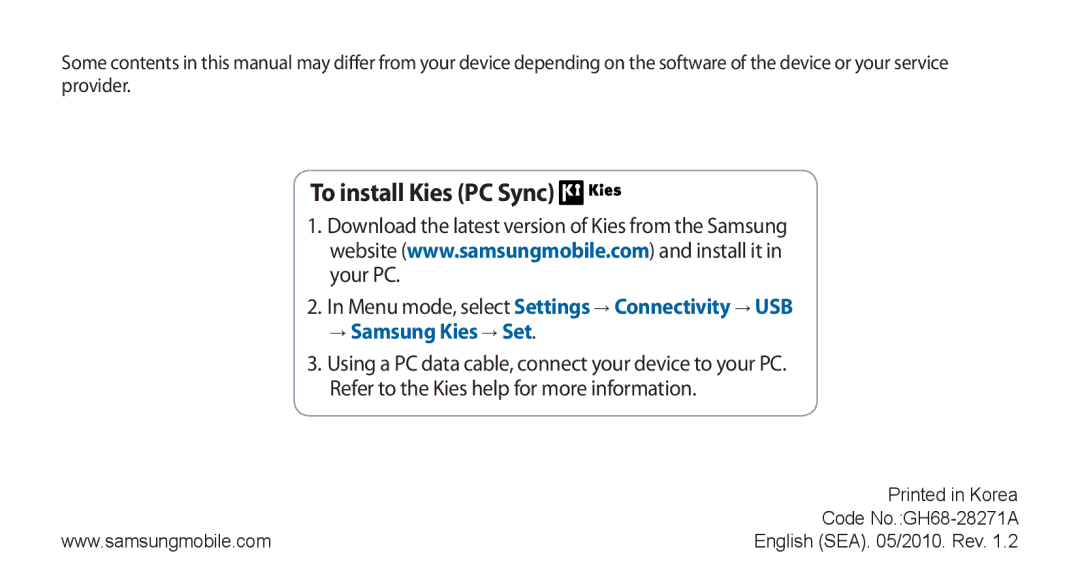 Samsung GT-S8500HKJECT, GT-S8500BAATUR, GT-S8500HKNXSG, GT-S8500BAAKSA, GT-S8500BAJECT manual To install Kies PC Sync 