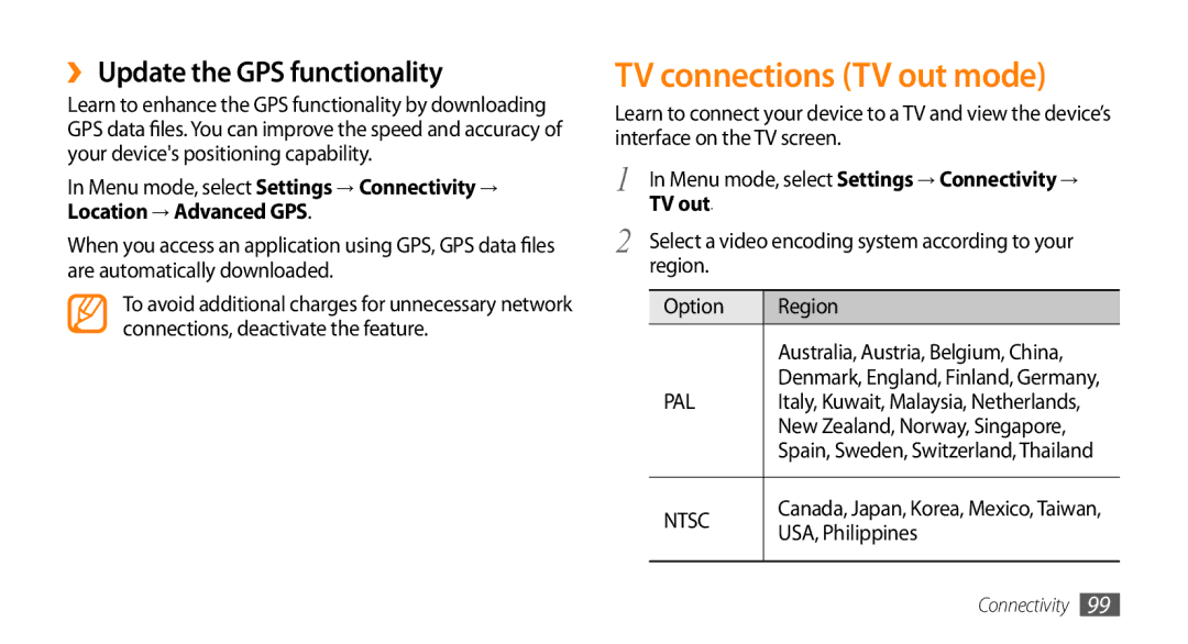 Samsung GT-S8500BAJECT manual TV connections TV out mode, ›› Update the GPS functionality, Region Option, USA, Philippines 