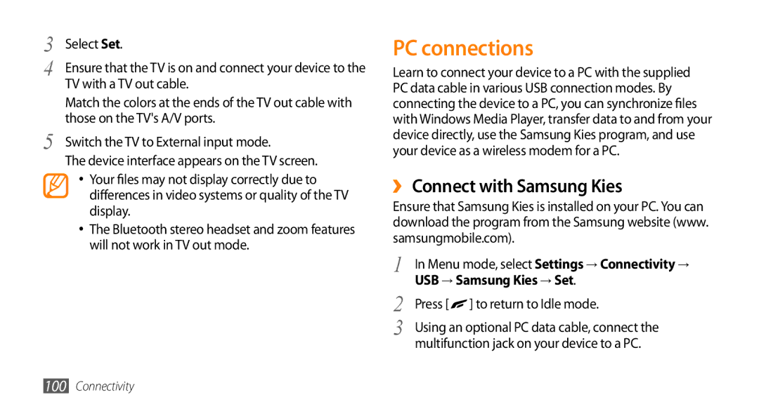 Samsung GT-S8500HKAECT, GT-S8500BAATUR manual PC connections, ›› Connect with Samsung Kies, USB → Samsung Kies → Set 