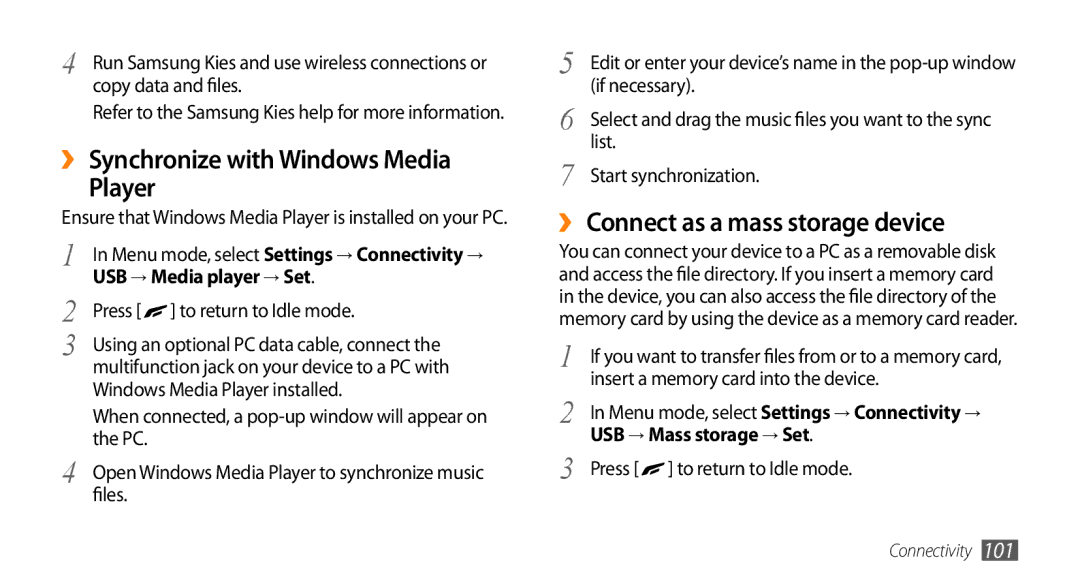 Samsung GT-S8500HKAMID, GT-S8500BAATUR manual ›› Synchronize with Windows Media Player, ›› Connect as a mass storage device 