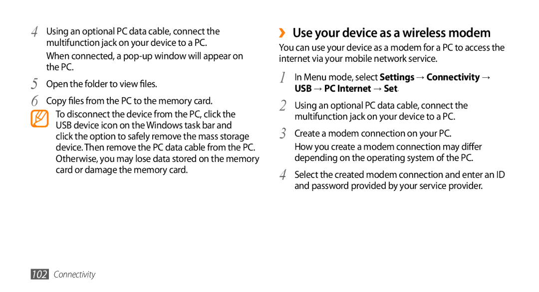 Samsung GT-S8500PDAJED ›› Use your device as a wireless modem, Open the folder to view files, USB → PC Internet → Set 