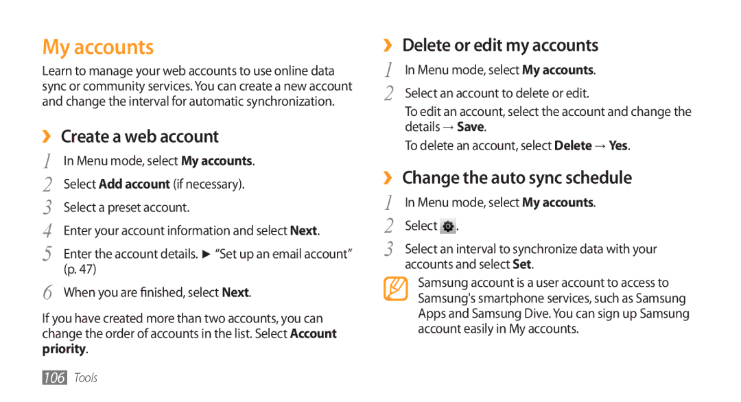 Samsung GT-S8500BAAARB, GT-S8500BAATUR, GT-S8500HKJECT My accounts, ›› Create a web account, ›› Delete or edit my accounts 