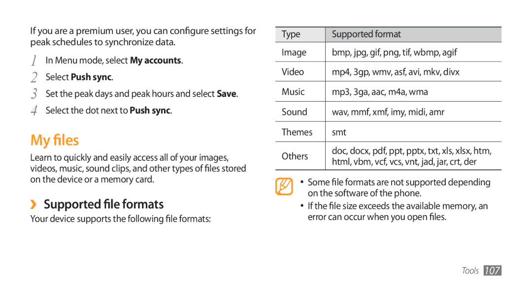 Samsung GT-S8500BAAJED manual My files, ›› Supported file formats, Select Push sync, Select the dot next to Push sync 