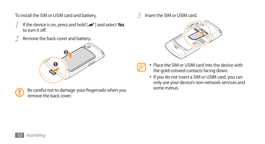 Samsung GT-S8500BAAARB, GT-S8500BAATUR To turn it off Remove the back cover and battery, Gold-colored contacts facing down 