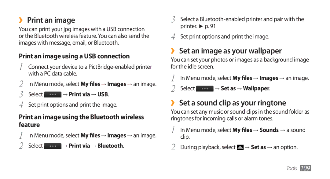 Samsung GT-S8500GAAKSA manual ›› Print an image, ›› Set an image as your wallpaper, ›› Set a sound clip as your ringtone 