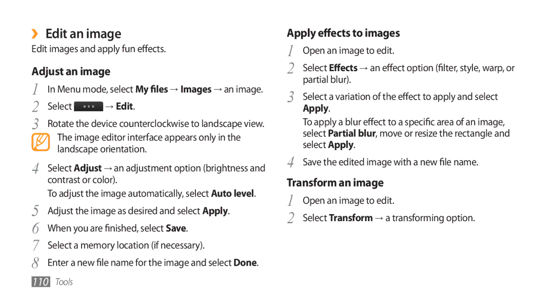 Samsung GT-S8500BAAAFR, GT-S8500BAATUR manual ›› Edit an image, Adjust an image, Apply effects to images, Transform an image 