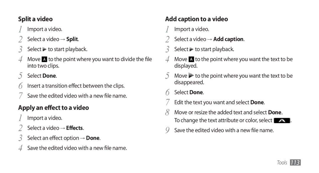 Samsung GT-S8500ISAJED, GT-S8500BAATUR Split a video, Apply an effect to a video, Add caption to a video, Displayed Move 
