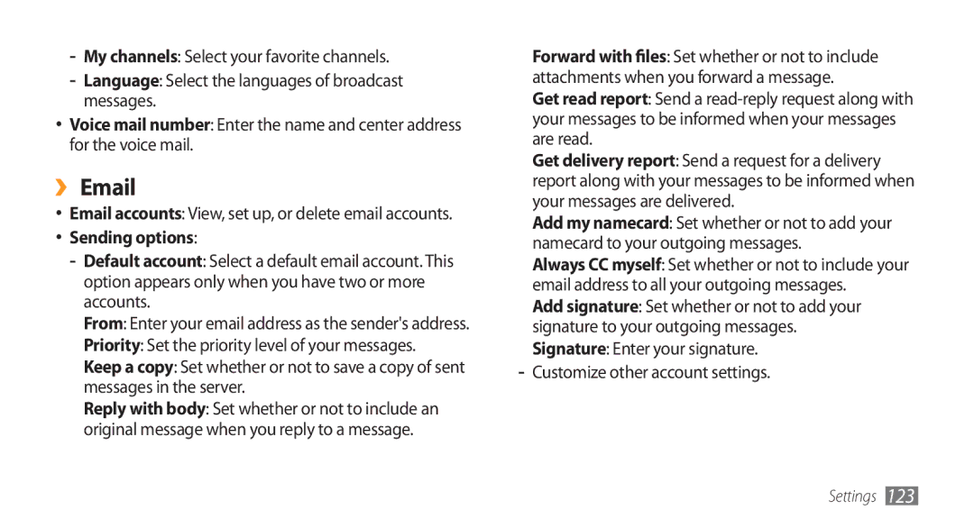 Samsung GT-S8500GAAJED, GT-S8500BAATUR, GT-S8500HKJECT manual ›› Email, Sending options, Customize other account settings 