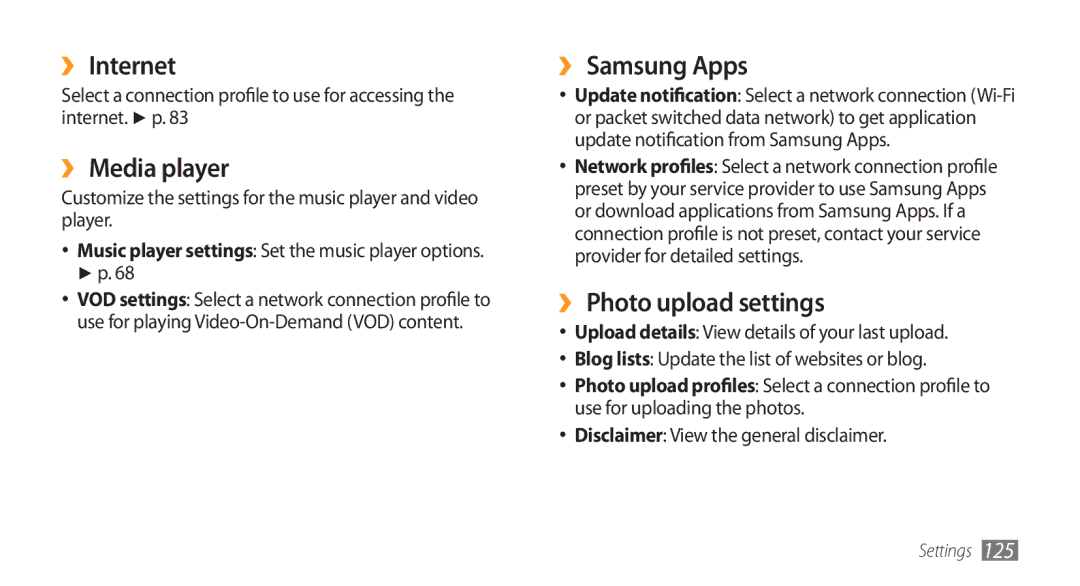 Samsung GT-S8500LRAJED, GT-S8500BAATUR manual ›› Internet, ›› Media player, ›› Samsung Apps, ›› Photo upload settings 