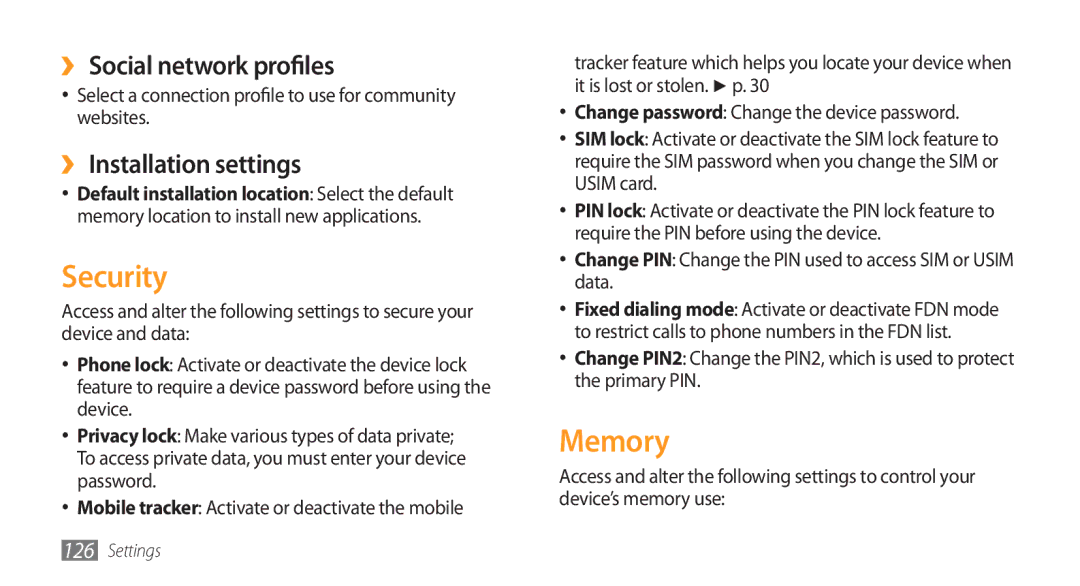 Samsung GT-S8500BAAXSG, GT-S8500BAATUR manual Security, Memory, ›› Social network profiles, ›› Installation settings 