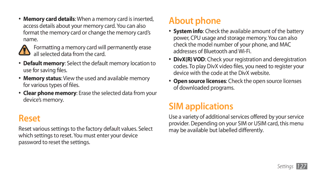 Samsung GT-S8500HKAKSA, GT-S8500BAATUR, GT-S8500HKJECT, GT-S8500HKNXSG, GT-S8500BAAKSA Reset, About phone, SIM applications 