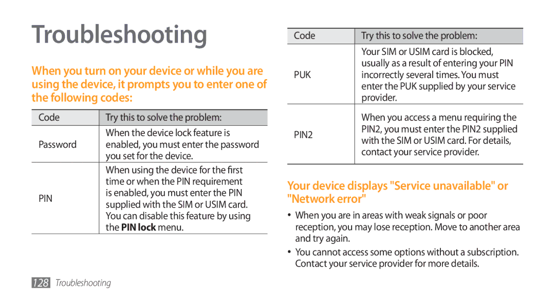 Samsung GT-S8500HKATHR, GT-S8500BAATUR manual Troubleshooting, Your device displays Service unavailable or Network error 