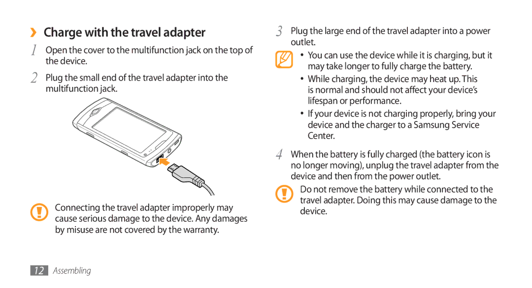 Samsung GT-S8500BAATHR, GT-S8500BAATUR manual ›› Charge with the travel adapter, Device, Multifunction jack, Outlet 