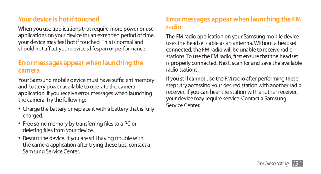 Samsung GT-S8500ISAXEV, GT-S8500BAATUR manual Your device is hot if touched, Error messages appear when launching the camera 