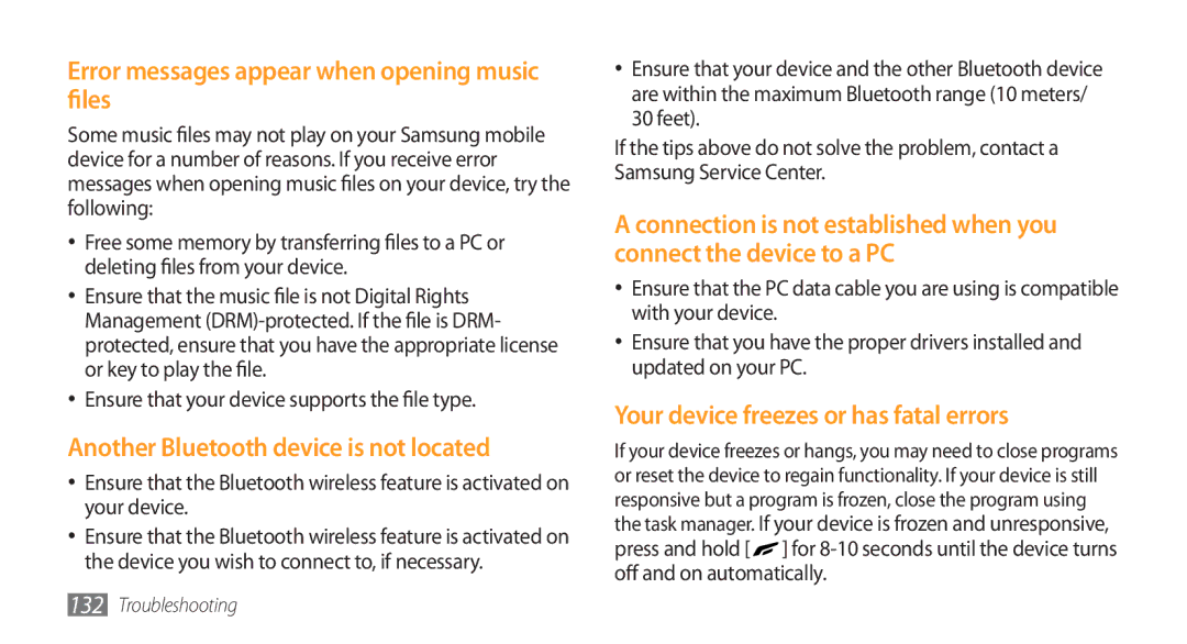 Samsung GT-S8500LRAXEV manual Error messages appear when opening music files, Another Bluetooth device is not located 