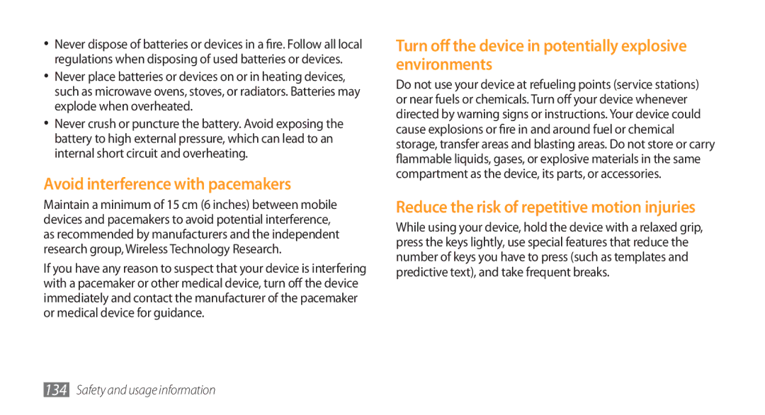 Samsung GT-S8500BAAXEV manual Avoid interference with pacemakers, Turn off the device in potentially explosive environments 